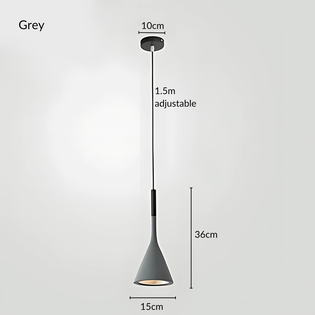 Grey cone pendant light with adjustable 1.5m cord, 36cm height, 15cm base, and 10cm canopy.