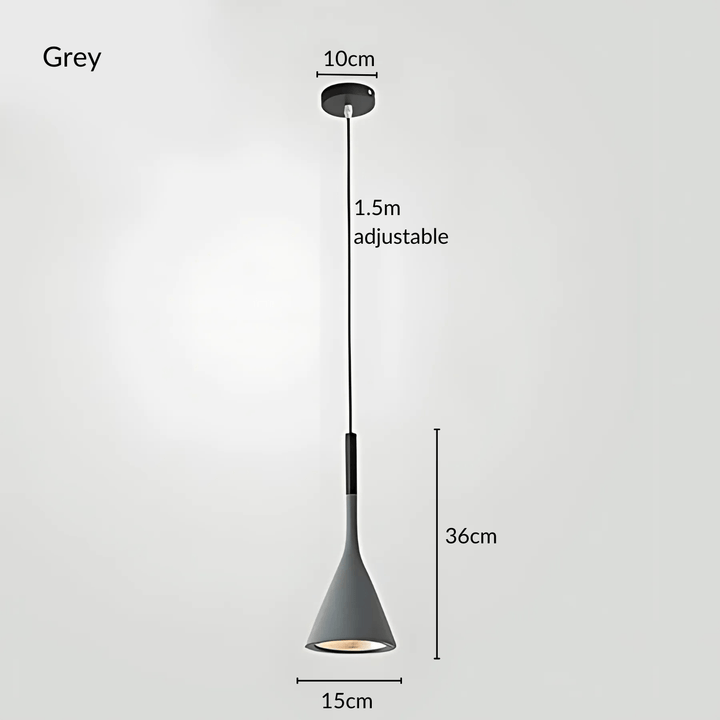 Grey cone pendant light with adjustable 1.5m cord, 36cm height, 15cm base, and 10cm canopy.