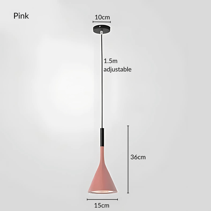 Pink cone pendant light with adjustable 1.5m cord, 10cm canopy, 36cm height, and 15cm width.