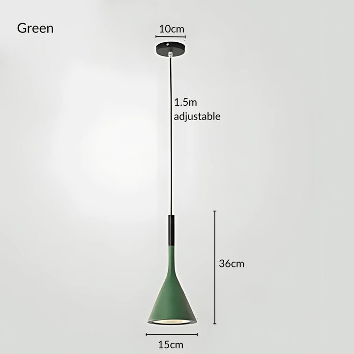 Green cone pendant light with adjustable 1.5m cord and 10cm canopy.