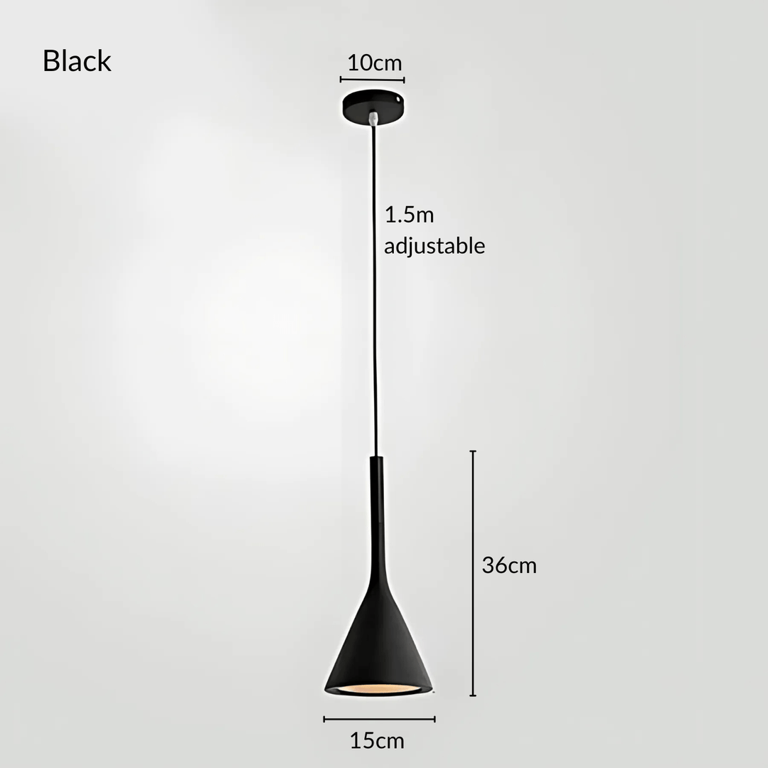 Black cone pendant light with adjustable height, 10cm canopy, 36cm height, and 15cm base.