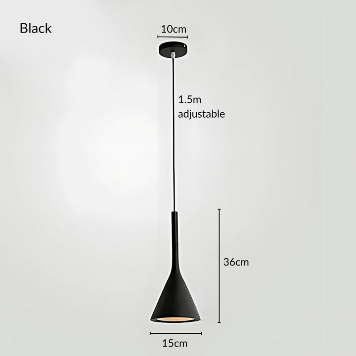 Black cone pendant light with adjustable height, 10cm canopy, 36cm height, and 15cm base.
