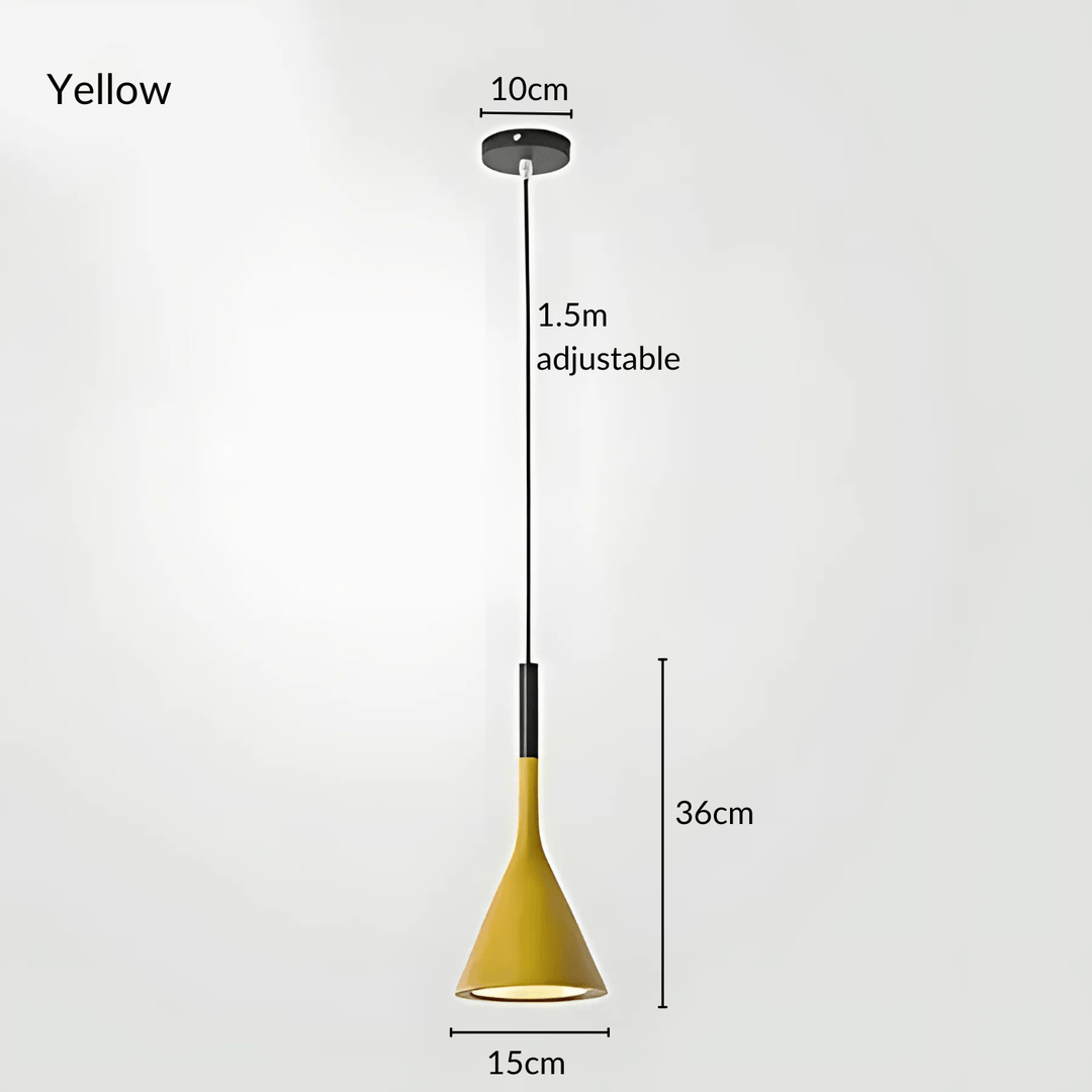 Yellow cone pendant light with adjustable 1.5m cord and 10cm canopy. Width is 15cm, height is 36cm.