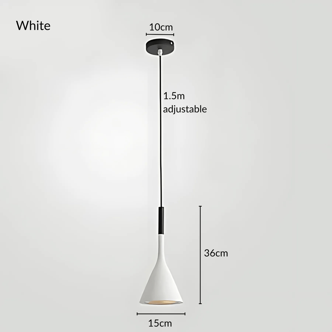 White cone pendant light with adjustable 1.5m cord, 10cm canopy, 36cm height, and 15cm base.