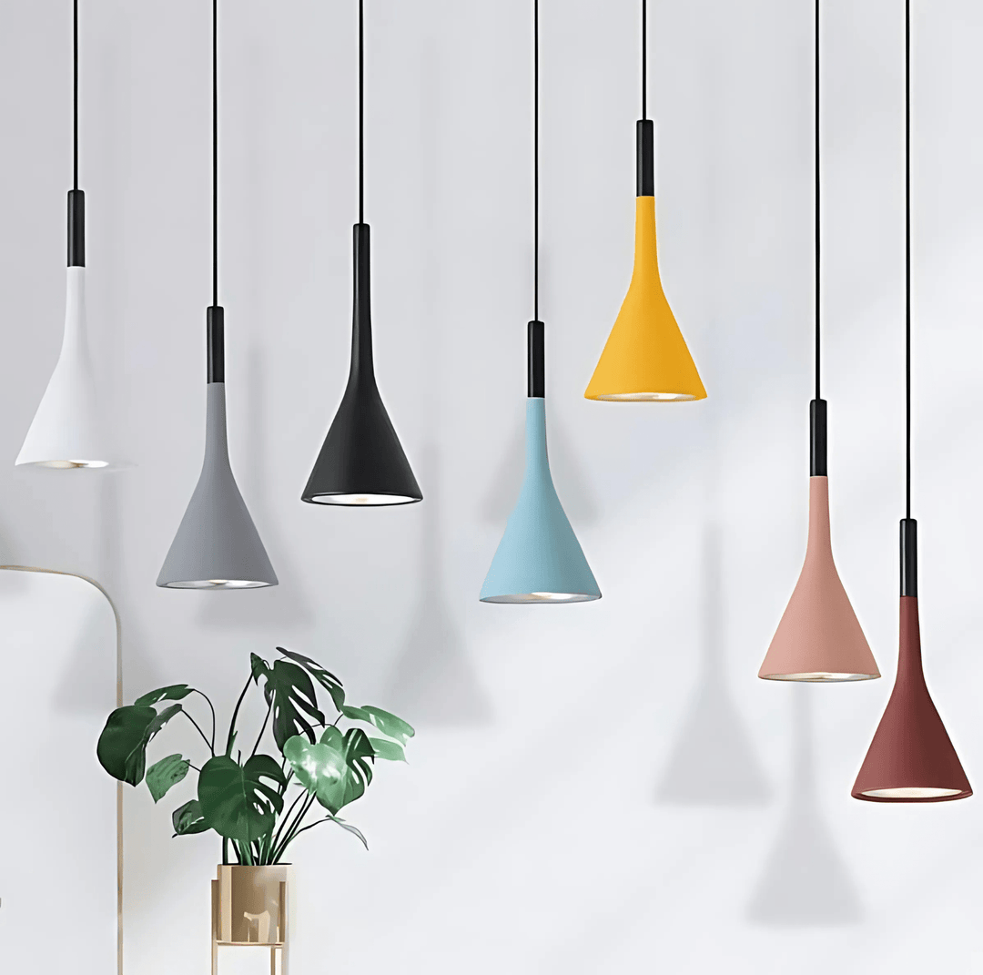 Collection of modern cone pendant lights in white, grey, dark green, light blue, yellow, pink, and red.