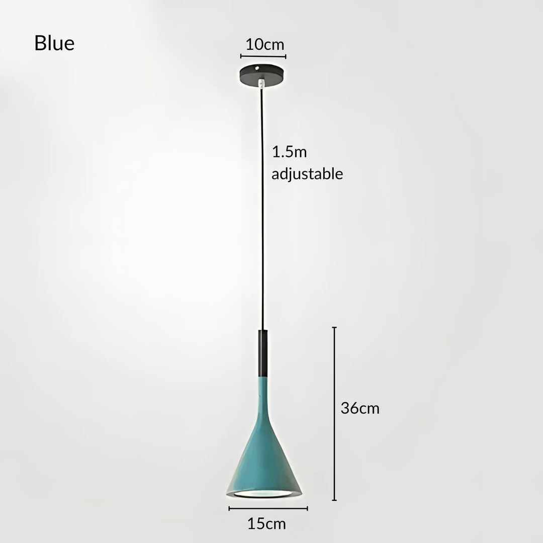 Blue cone pendant light with adjustable height, 15cm wide and 36cm tall.