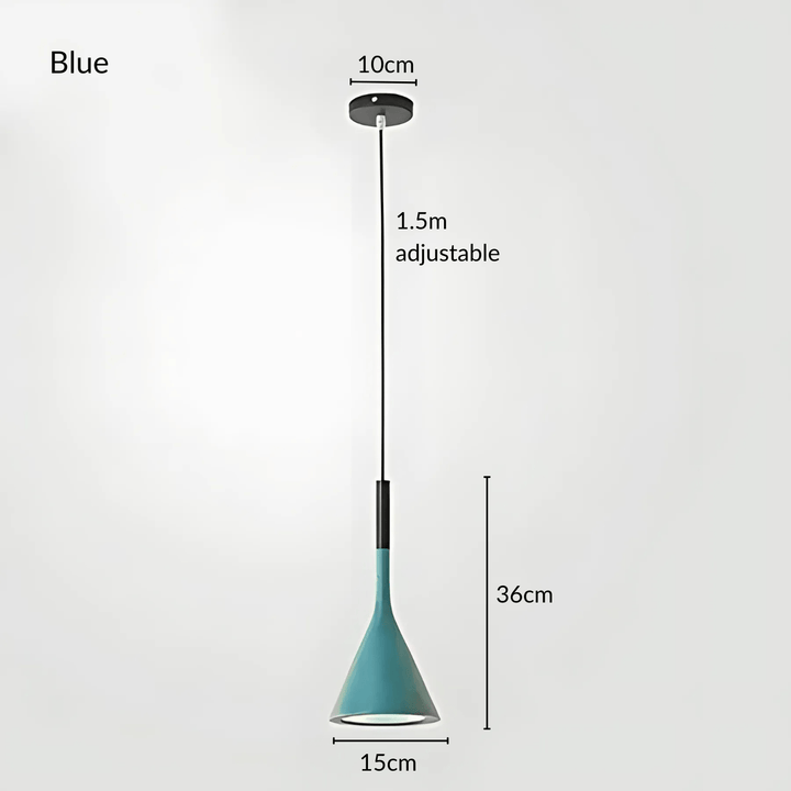 Blue cone pendant light with adjustable height, 15cm wide and 36cm tall.