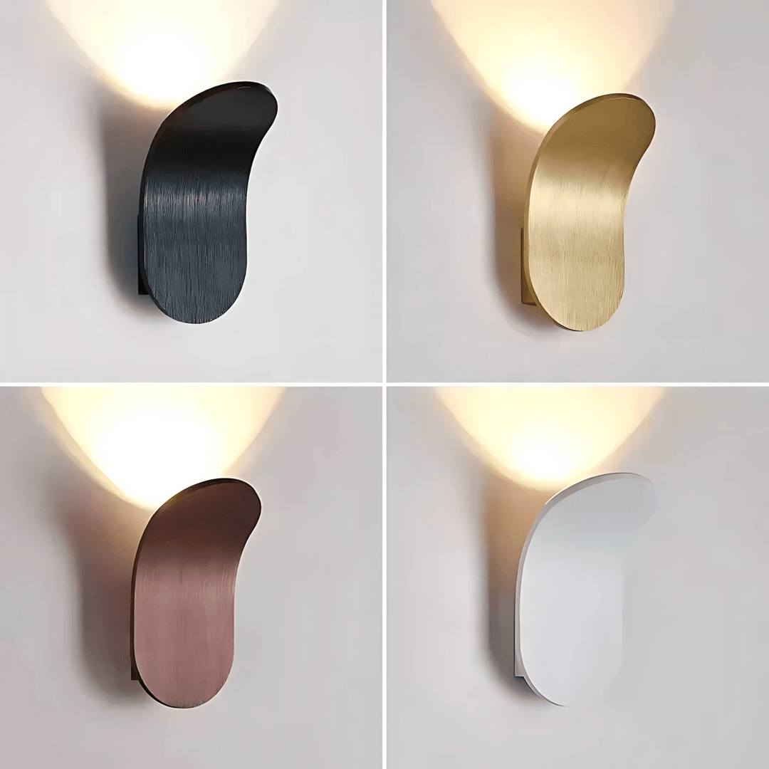Four modern metal wall sconces in black, gold, rose gold, and white finishes.