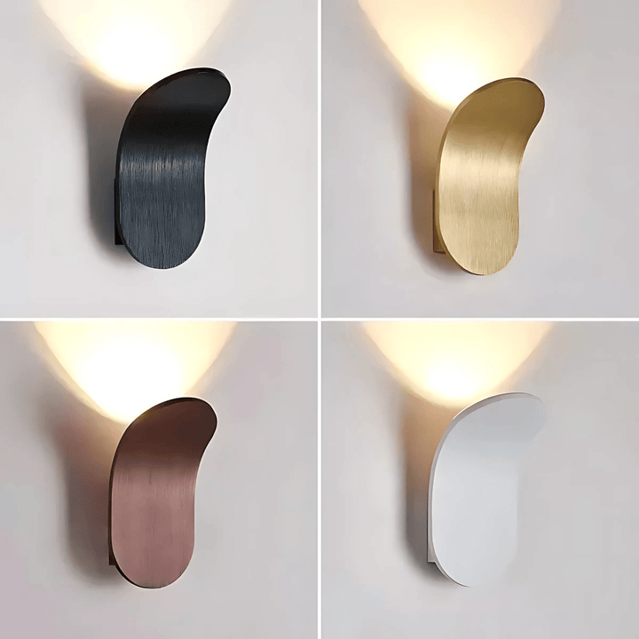 Four modern metal wall sconces in black, gold, rose gold, and white finishes.