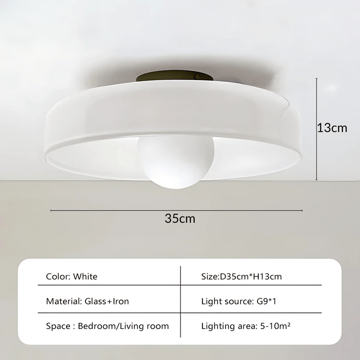 White flush mount ceiling light, 35cm diameter and 13cm height, made of glass and iron.