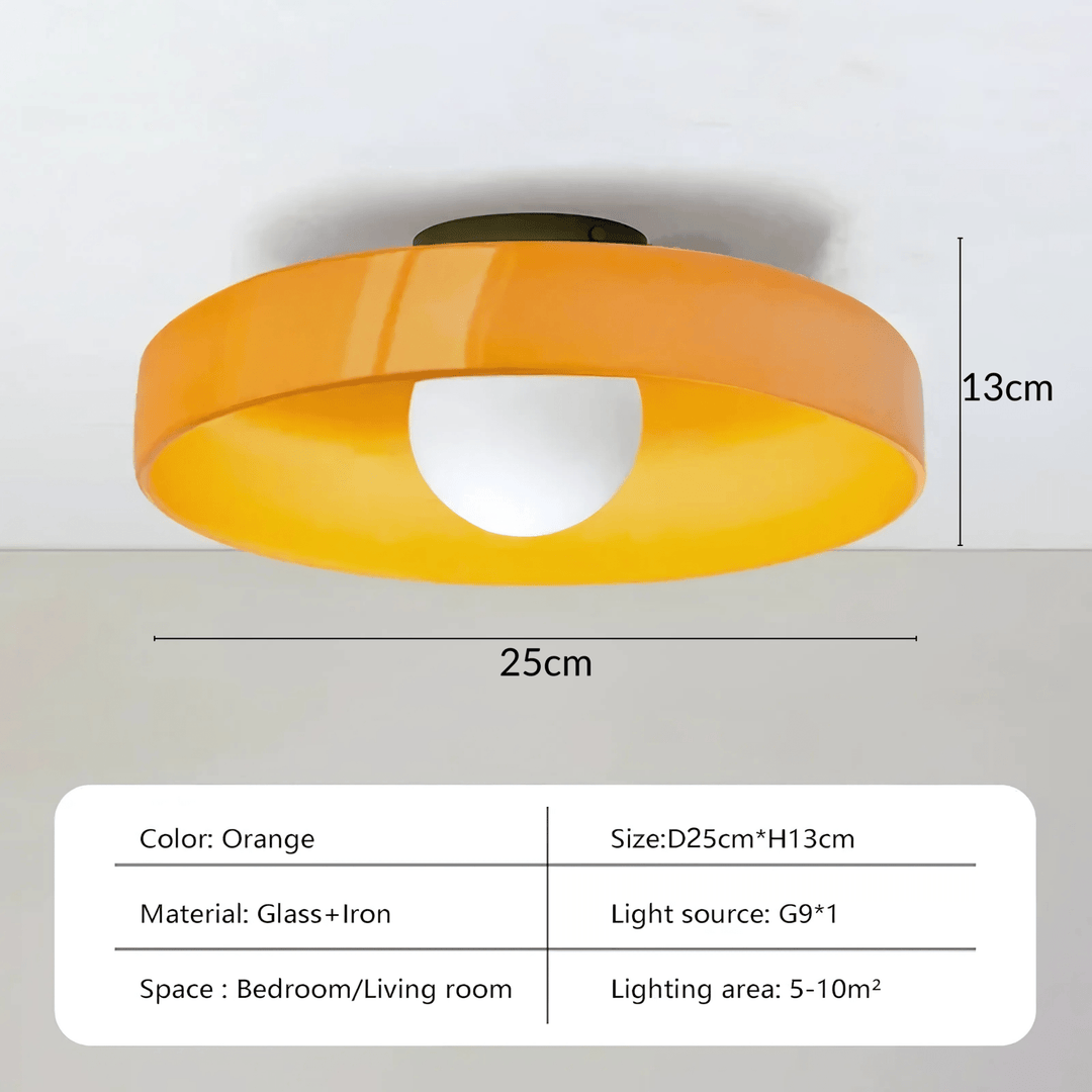 Orange flush mount ceiling light with dimensions 25cm diameter and 13cm height.