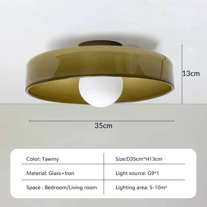 Flush mount ceiling light, 35cm diameter, 13cm height, tawny color, glass and iron material.