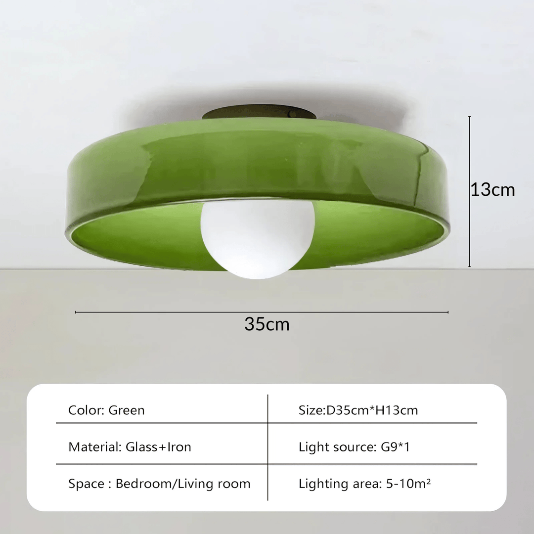 Green flush mount ceiling light, 35cm diameter, 13cm height, glass and iron material.