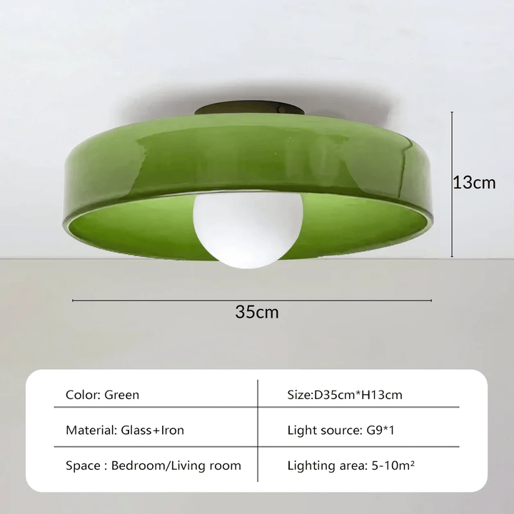 Green flush mount ceiling light, 35cm diameter, 13cm height, glass and iron material.