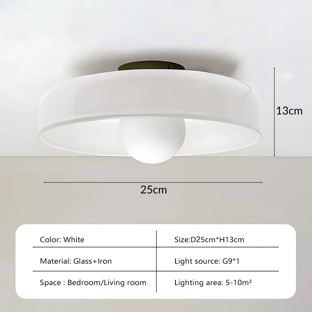 White flush mount ceiling light, 25cm diameter and 13cm height, made of glass and iron.