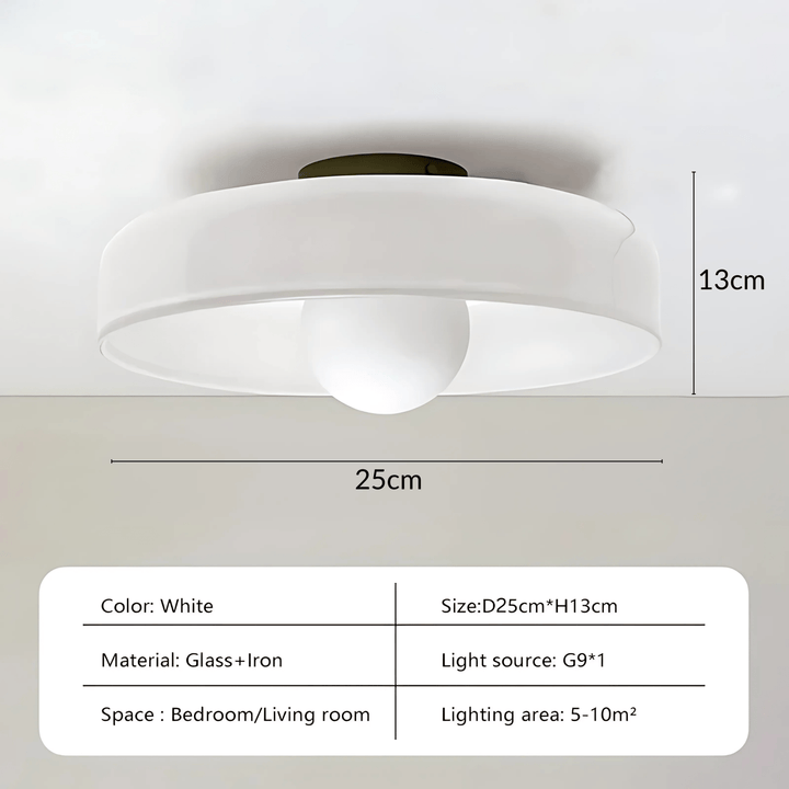 White flush mount ceiling light, 25cm diameter and 13cm height, made of glass and iron.