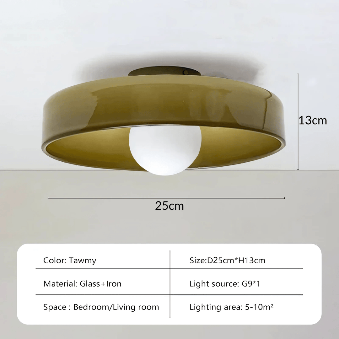 Flush mount ceiling light, 25cm diameter, 13cm height, tawmy color, glass and iron material.