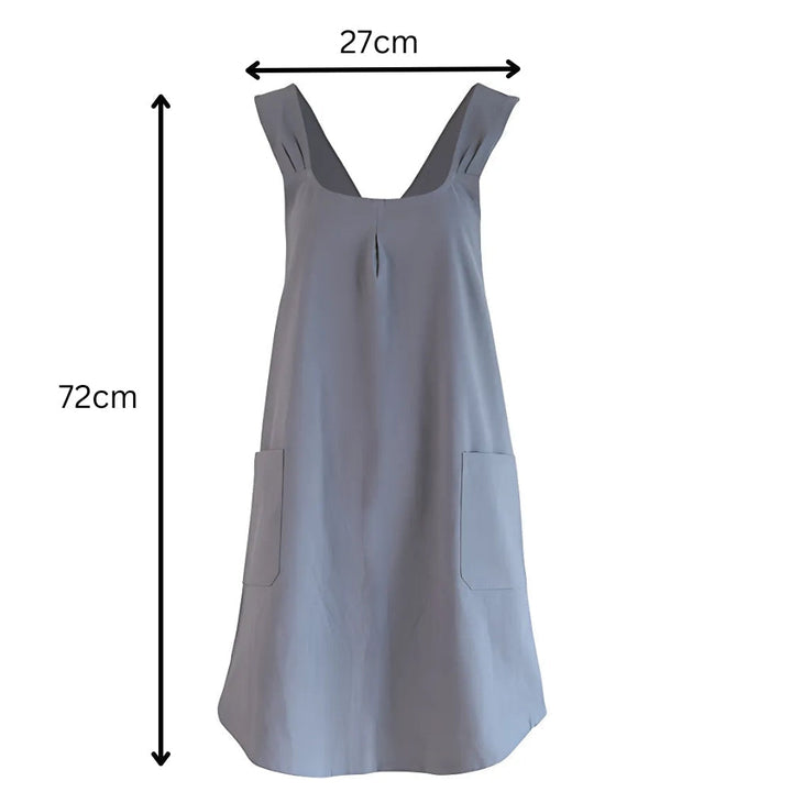 Light gray Korean-style cross-back apron dress with two front pockets. Length is 72cm, width is 27cm.