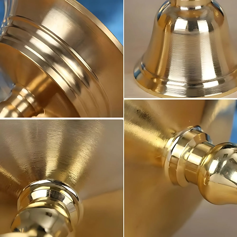 Close-up views of a vintage copper cup candle holder with a pedestal base, showcasing its polished finish and design details.