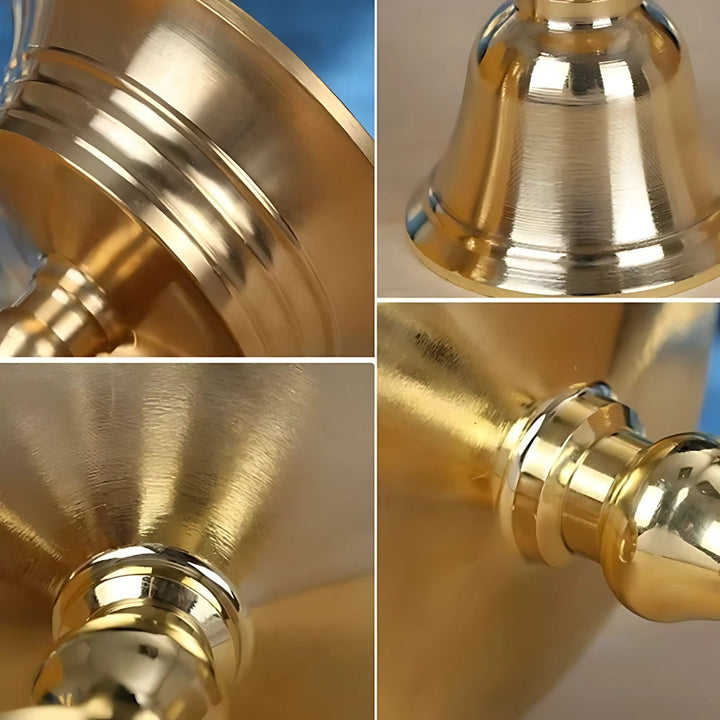 Close-up views of a vintage copper cup candle holder with a pedestal base, showcasing its polished finish and design details.