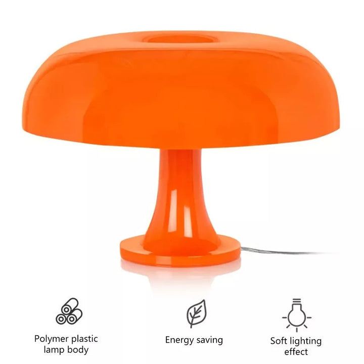 Orange mushroom-shaped LED table lamp with a hole in the top and a white cord.