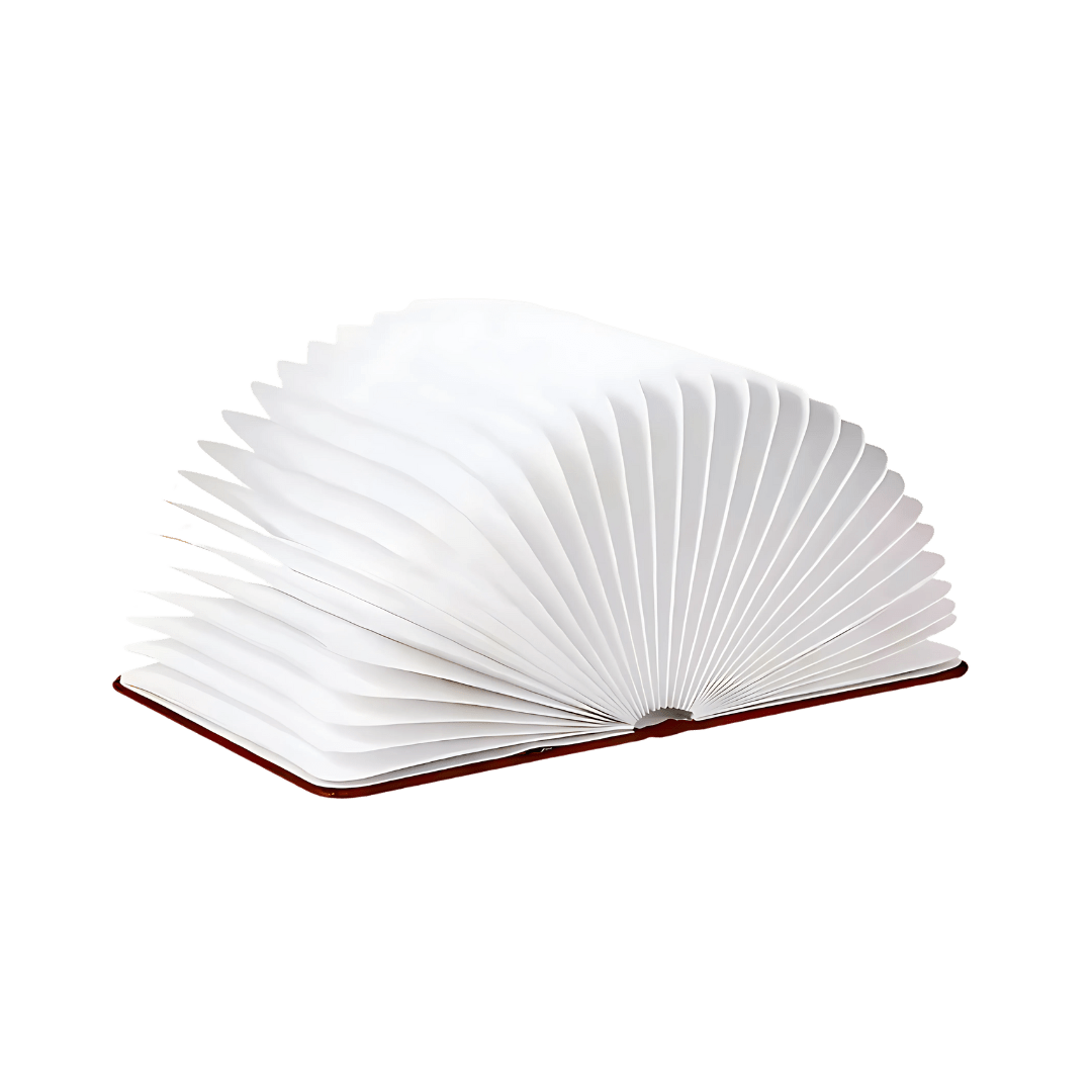Open book-shaped cordless table lamp with white pages fanned out