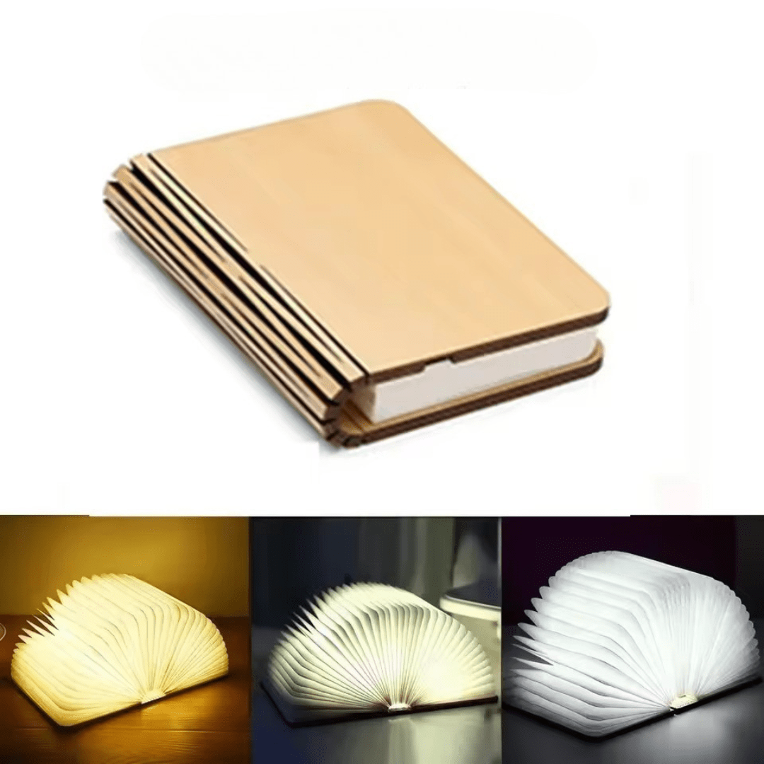 A wooden book lamp that folds open to reveal adjustable light modes: warm, cool, and natural.