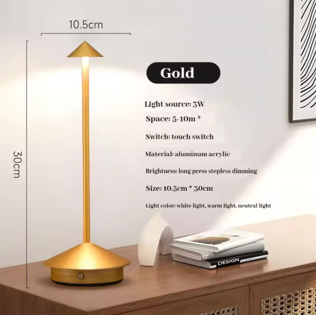 Gold cordless LED table lamp, 30cm tall, 10.5cm wide, with touch switch and stepless dimming.
