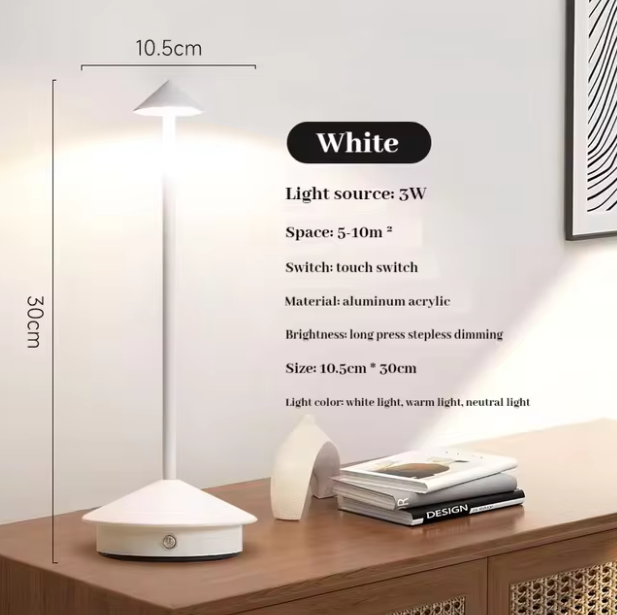 White cordless LED table lamp, 30cm tall, 10.5cm wide, with touch switch and aluminum acrylic material.