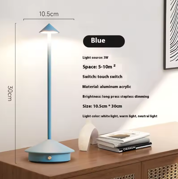 Blue cordless LED table lamp, 10.5cm wide and 30cm tall, with touch switch.