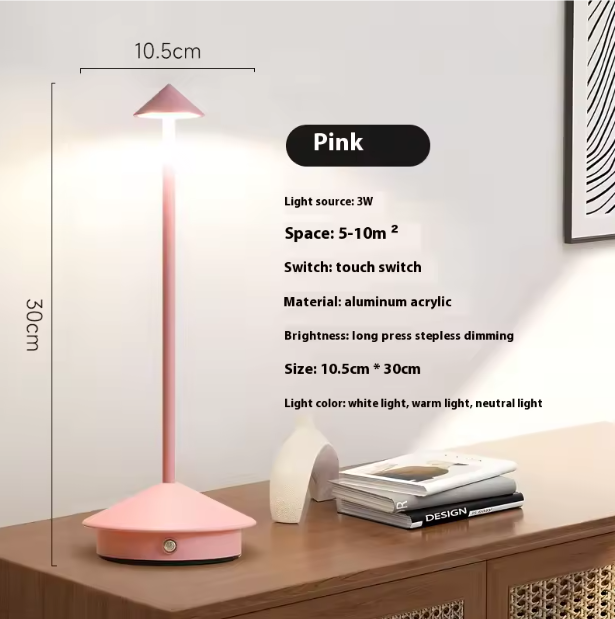 Pink cordless LED table lamp with touch switch, 10.5cm wide and 30cm tall.
