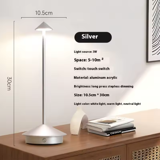 Silver cordless LED table lamp, 30cm tall, 10.5cm wide, touch switch, aluminum acrylic material.
