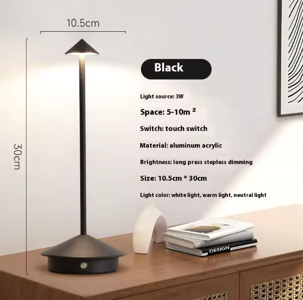 Black cordless LED table lamp with a conical shade and a touch switch at the base. Dimensions are 10.5cm wide and 30cm tall.
