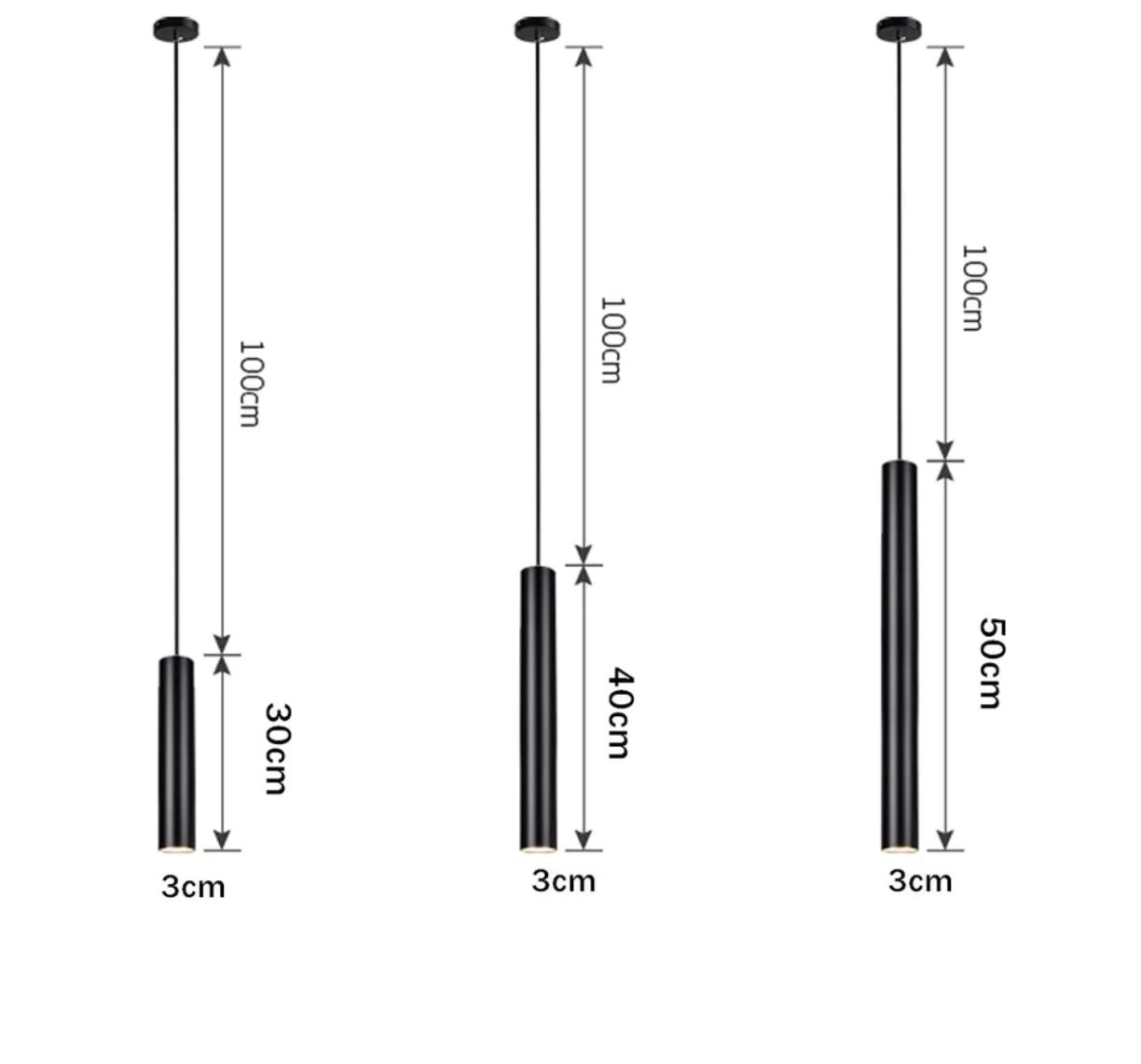 Three black pendant lights with varying lengths and dimensions shown.