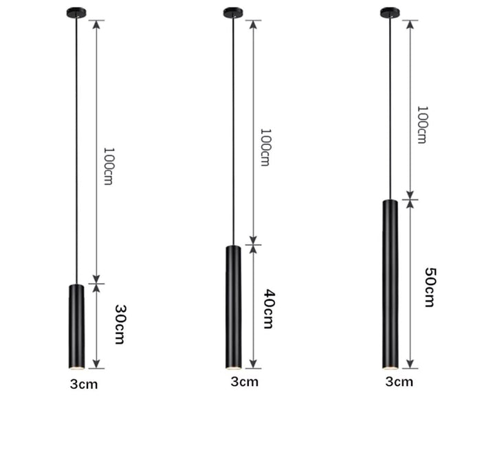 Three black pendant lights with varying lengths and dimensions shown.