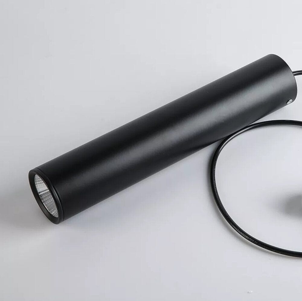 Black adjustable pendant light with a cylindrical shape and a visible light source at the end.