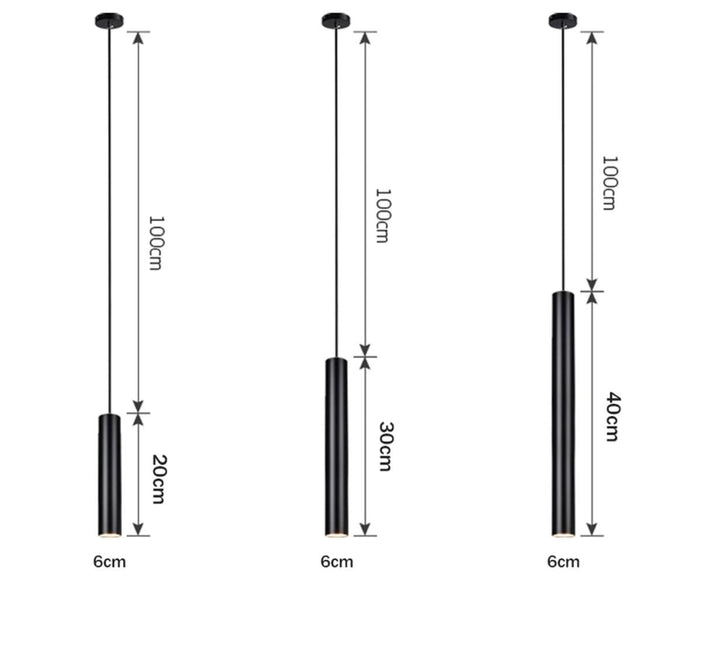 Three black pendant lights with dimensions shown: 6cm width, 100cm cable, and 20cm, 30cm, or 40cm light lengths.