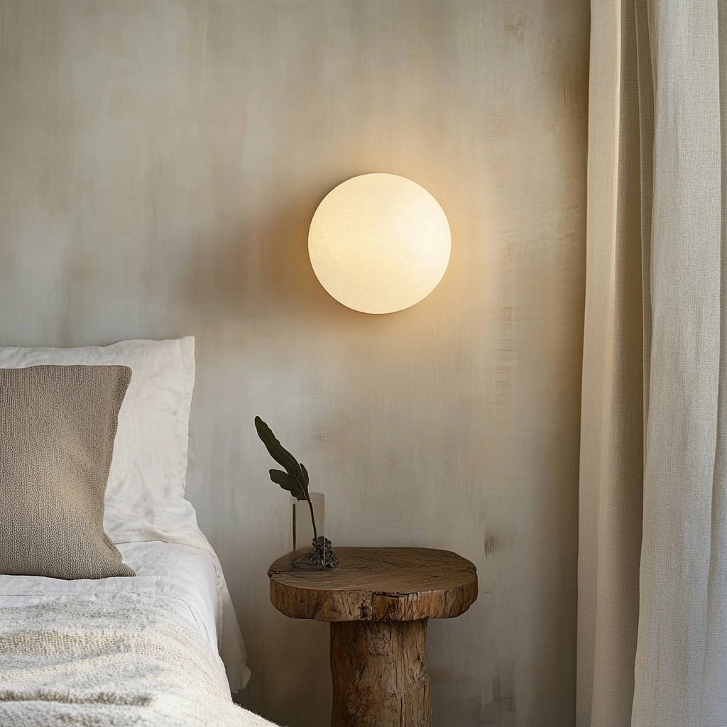 Round frosted glass wall sconce emitting warm light above a wooden bedside table.