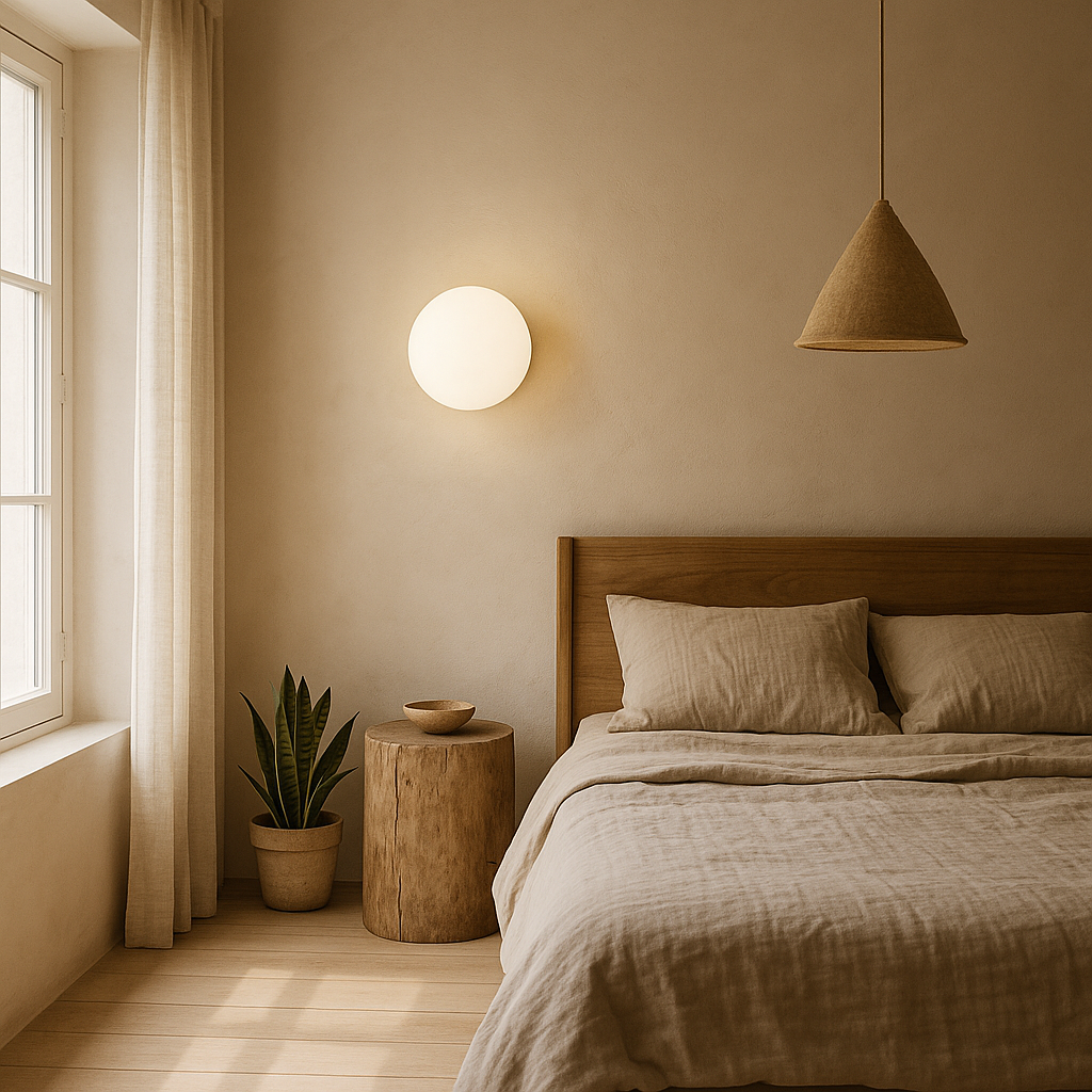 Round glass wall sconce emitting warm ambient light on a neutral wall.