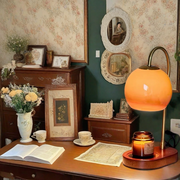 An electric candle warmer lamp with an orange globe shade sits on a wooden base next to a lit candle.