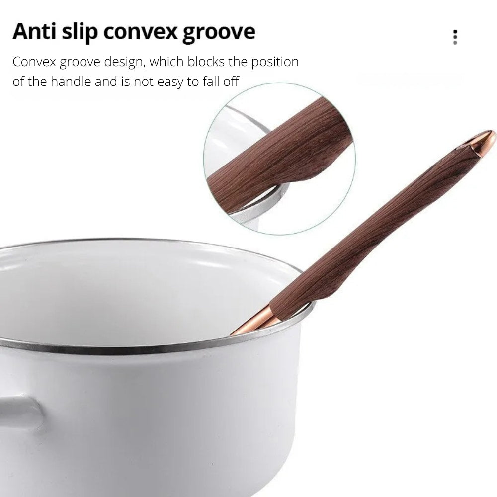 Close-up of a wooden-handled spoon resting on the rim of a white pot, highlighting its anti-slip convex groove design.