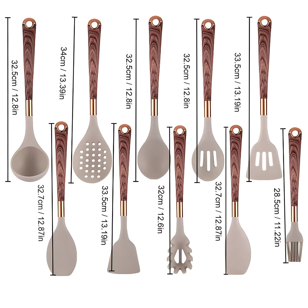 10-piece silicone utensil set with wooden handles, including ladle, slotted spoon, spatula, and tongs.