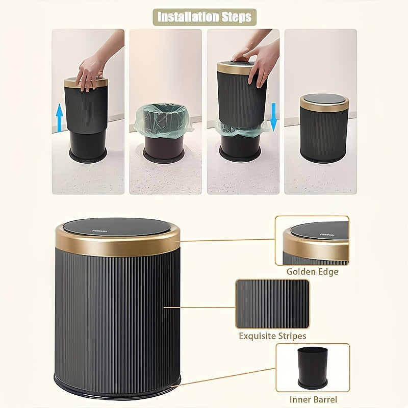 Black oval trash can with gold rim and lid, showing installation steps and close-ups of features.