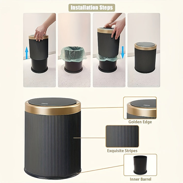 Black oval trash can with gold rim and lid, showing installation steps and close-ups of features.