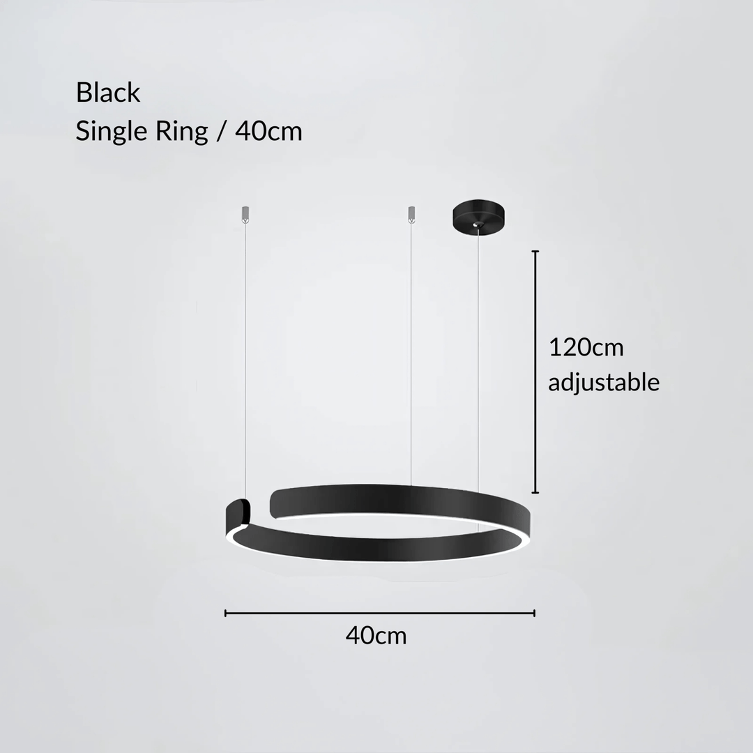 Black single ring pendant light, 40cm diameter, 120cm adjustable cable length.