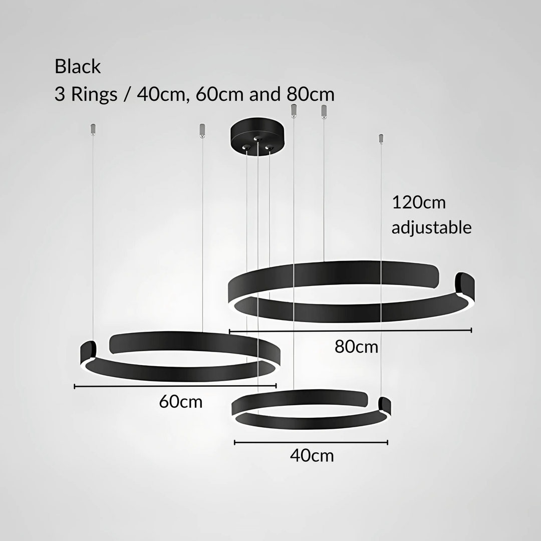 Black metal pendant light with three adjustable rings of 40cm, 60cm, and 80cm.