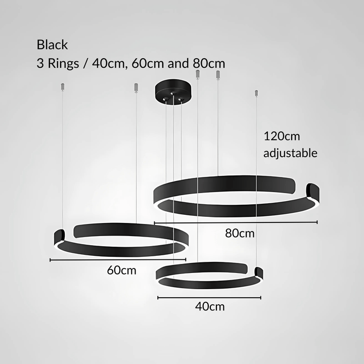 Black metal pendant light with three adjustable rings of 40cm, 60cm, and 80cm.