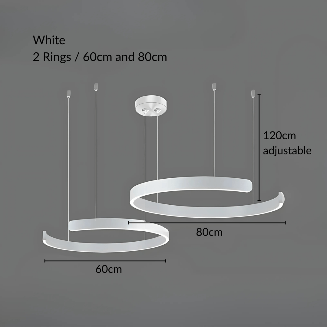 White metal pendant light with two rings, 60cm and 80cm, with adjustable 120cm cable.