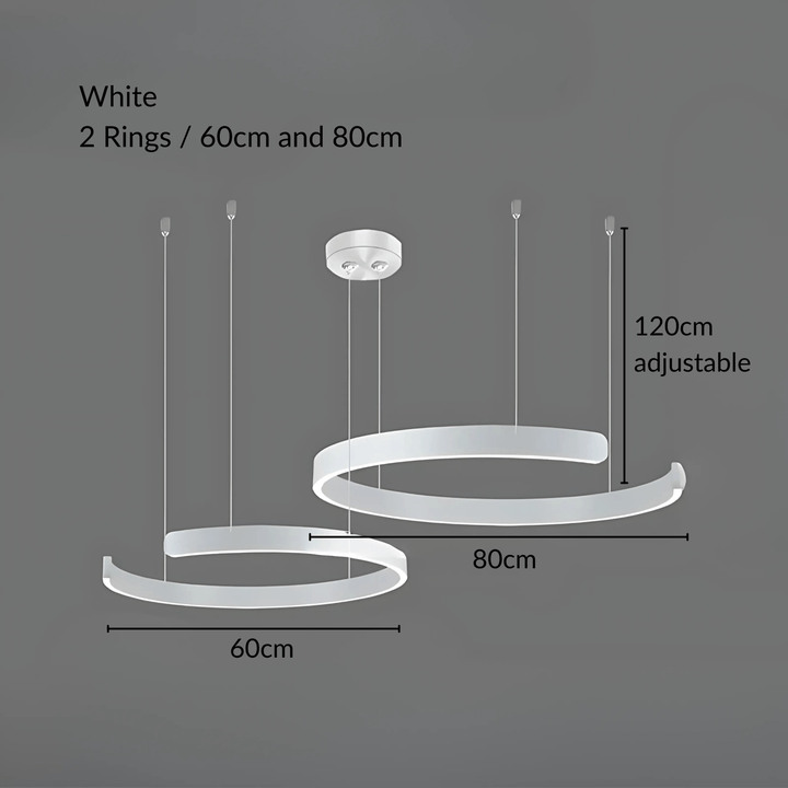 White metal pendant light with two rings, 60cm and 80cm, with adjustable 120cm cable.