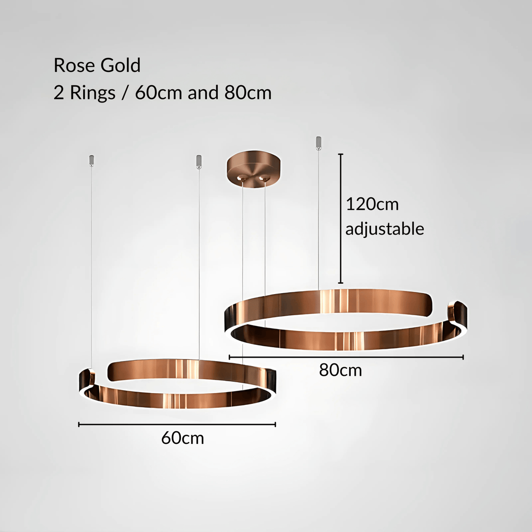 Rose gold pendant light with two rings, 60cm and 80cm diameters, 120cm adjustable cable.